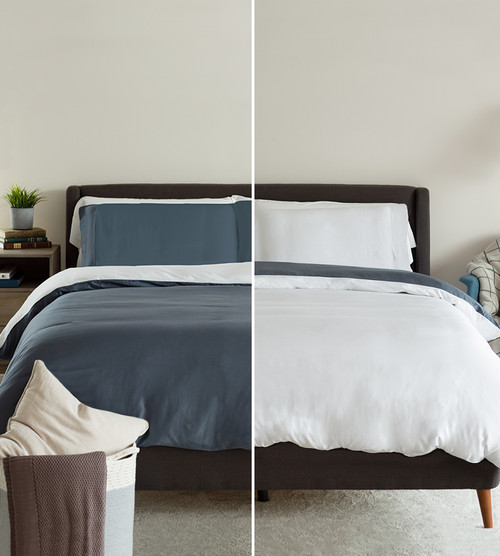 blå lagune og hvidt dynebetræk billede, der viser hver side på en seng