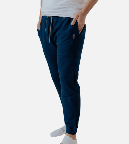 front close-up of models legs wearing navy joggers