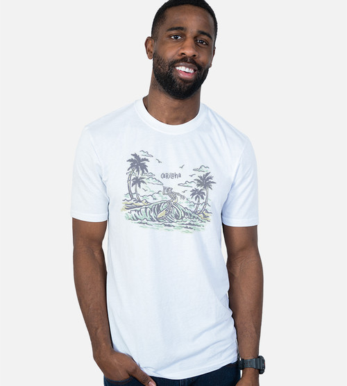 front view of model wearing white crew tee with skeleton surfer graphic