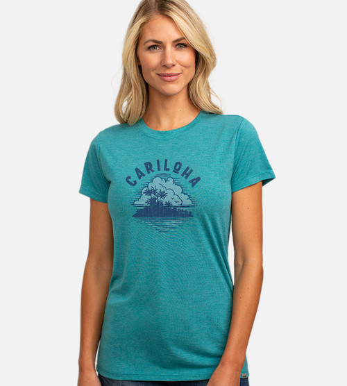 front view of model wearing aloha island tropical teal heather crew tee