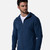 front view of model wearing navy zip hoodie with hawaii design