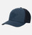 corner view of navy trucker mesh hat with shaka design