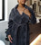 front view of model wearing graphite bathrobe