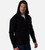front view of model wearing black zip hoodie with the hood up