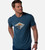 front view of model wearing bermuda blue comfort crew tee featuring our sun and swells design