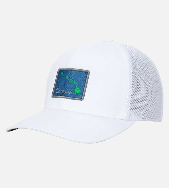 corner view of trush mesh hat with hawaiian islands patch design