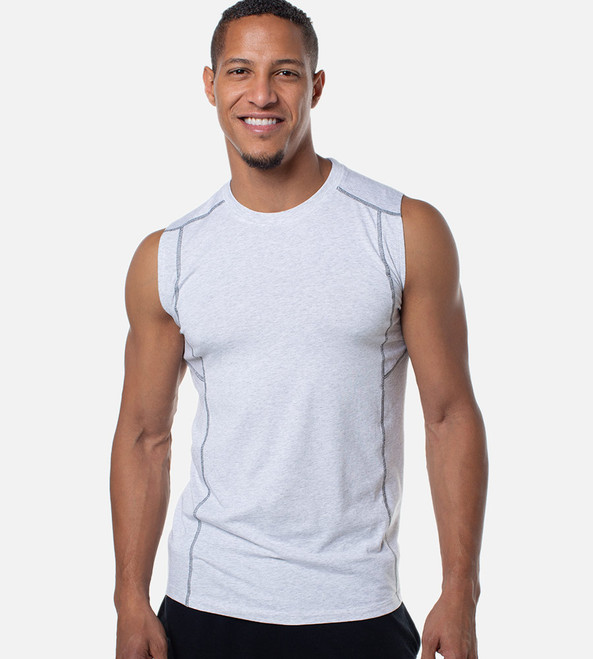 front view of men's light heather gray bamboo tank with contrast stitch