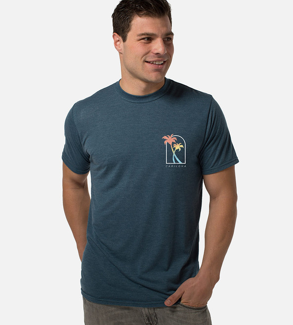 front view of model wearing circle sunset left chest graphic tee