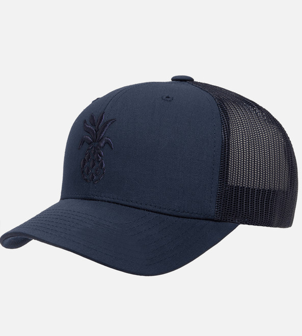 front, side view of navy trucker puff pineapple hat