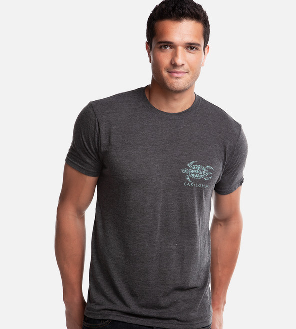 front view of model wearing charcoal comfort crew with left chest turtle silhouette design