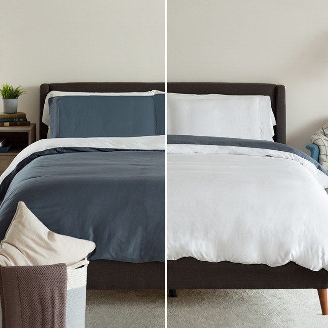 split image showing each side of duvet cover blue lagoon and white
