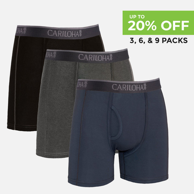 3-pack of black, blue, and gray boxers. Up to 20% off 3, 6, 9 packs.