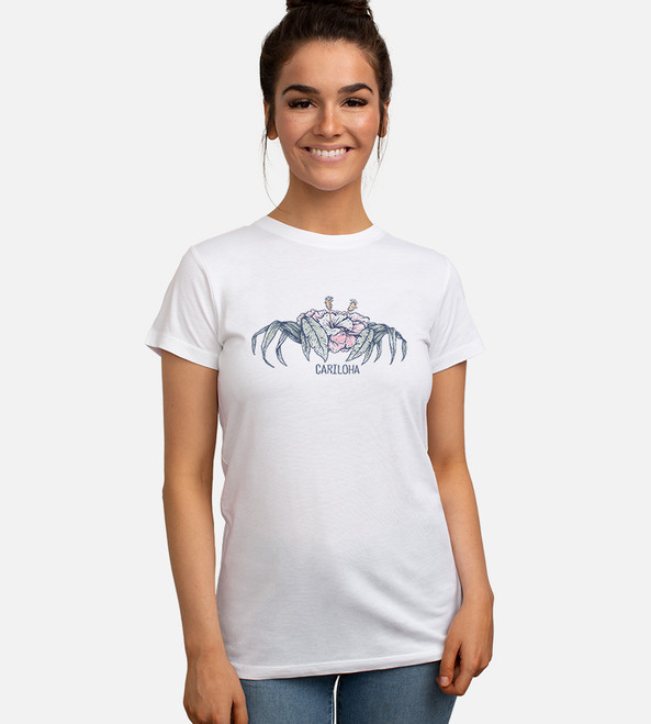 front view of model wearing white crew tee featuring our floral crab design