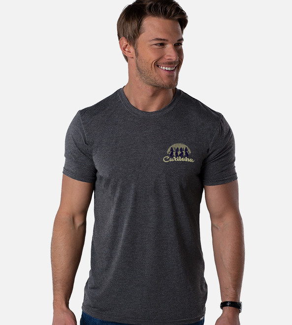 front view of model wearing hula silhouettes charcoal comfort crew tee