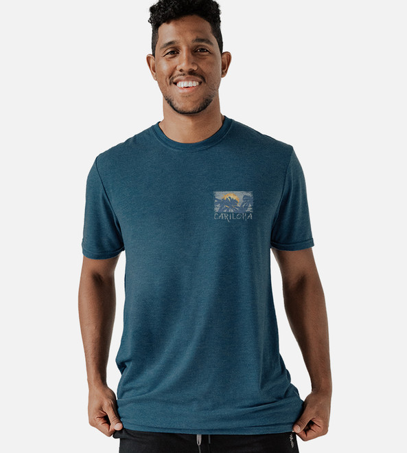 front view of model wearing nowhere better bermuda blue comfort crew tee