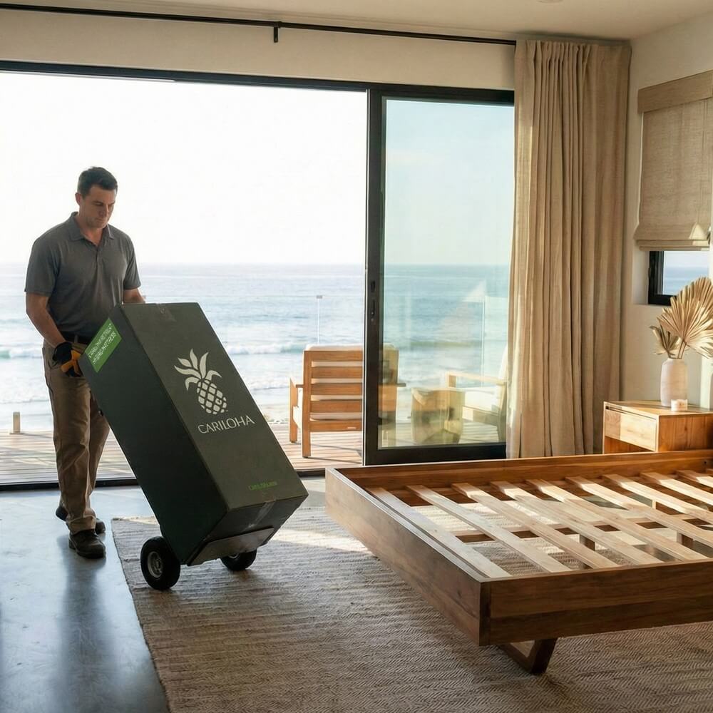 Professional white glove delivery team setting up a bed in a luxury home