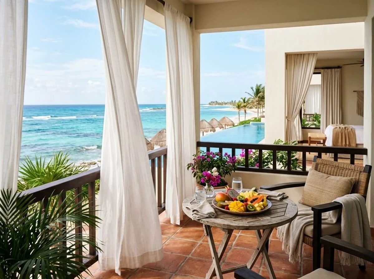 Luxury Mexican oceanfront villa balcony overlooking turquoise ocean