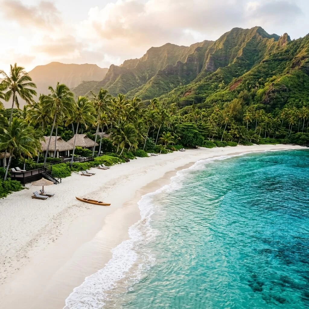 Tropical Hawaiian beach with palm trees and turquoise water