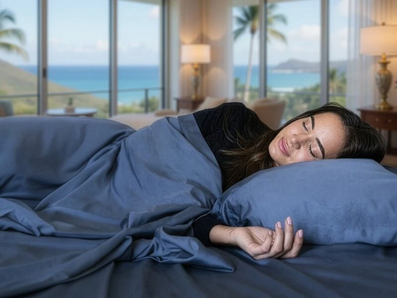 A woman enjoying a peaceful morning in bamboo bedding