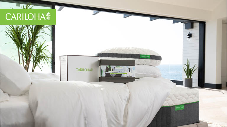 cariloha bedding suite featuring sheets, mattress, pillows