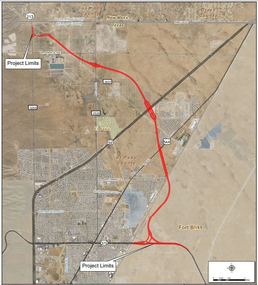 Borderland Expressway route from NM 213 at the state line to Loop 375