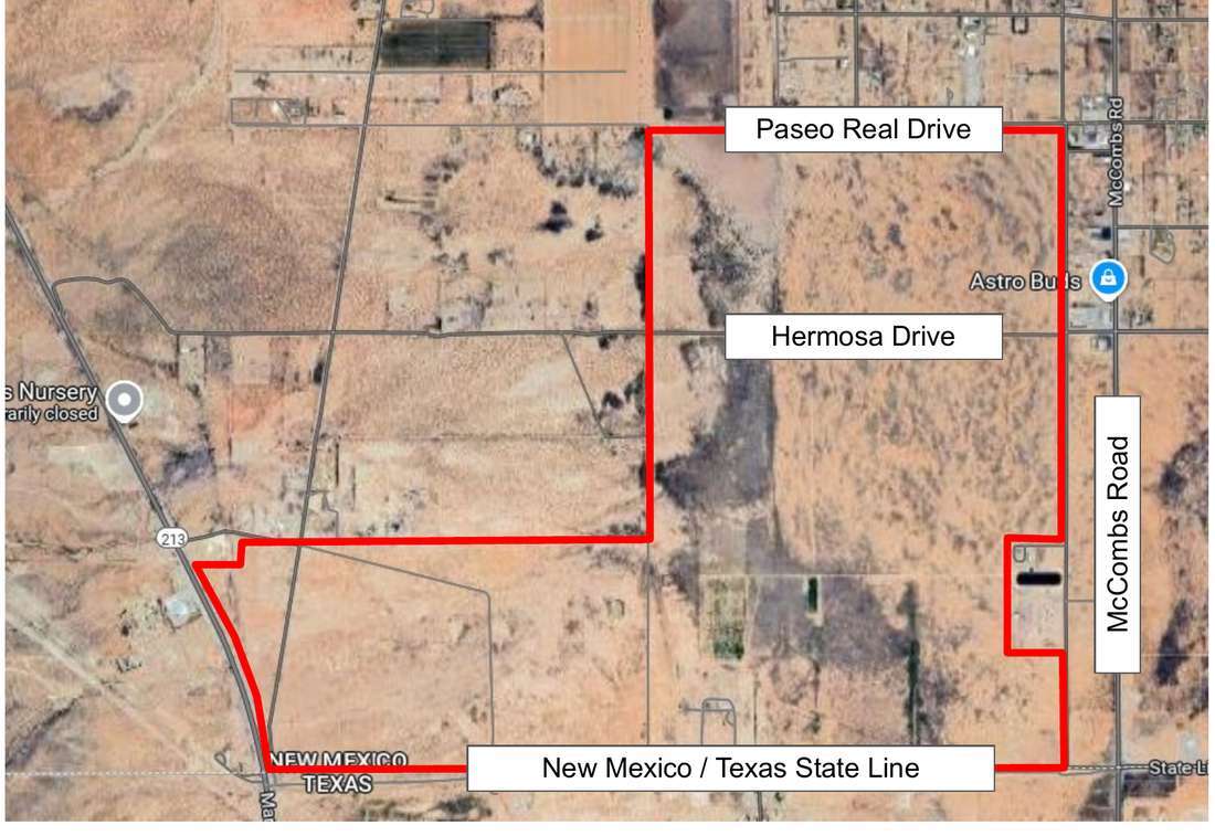 Satellite view of the Rancho Monte Vista property outlined in red, north of the New Mexico and Texas state line
