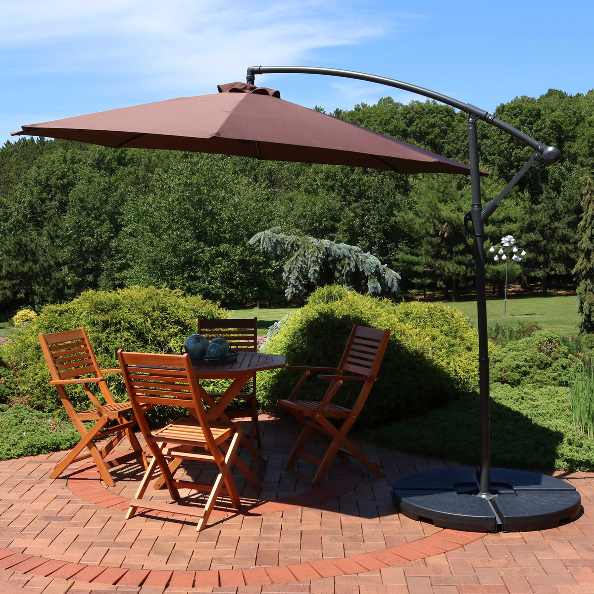 Sunnydaze Steel 10 Foot Offset Patio Umbrella With Cantilever Crank And Cross Base 8 Steel Ribs Patio Umbrellas
