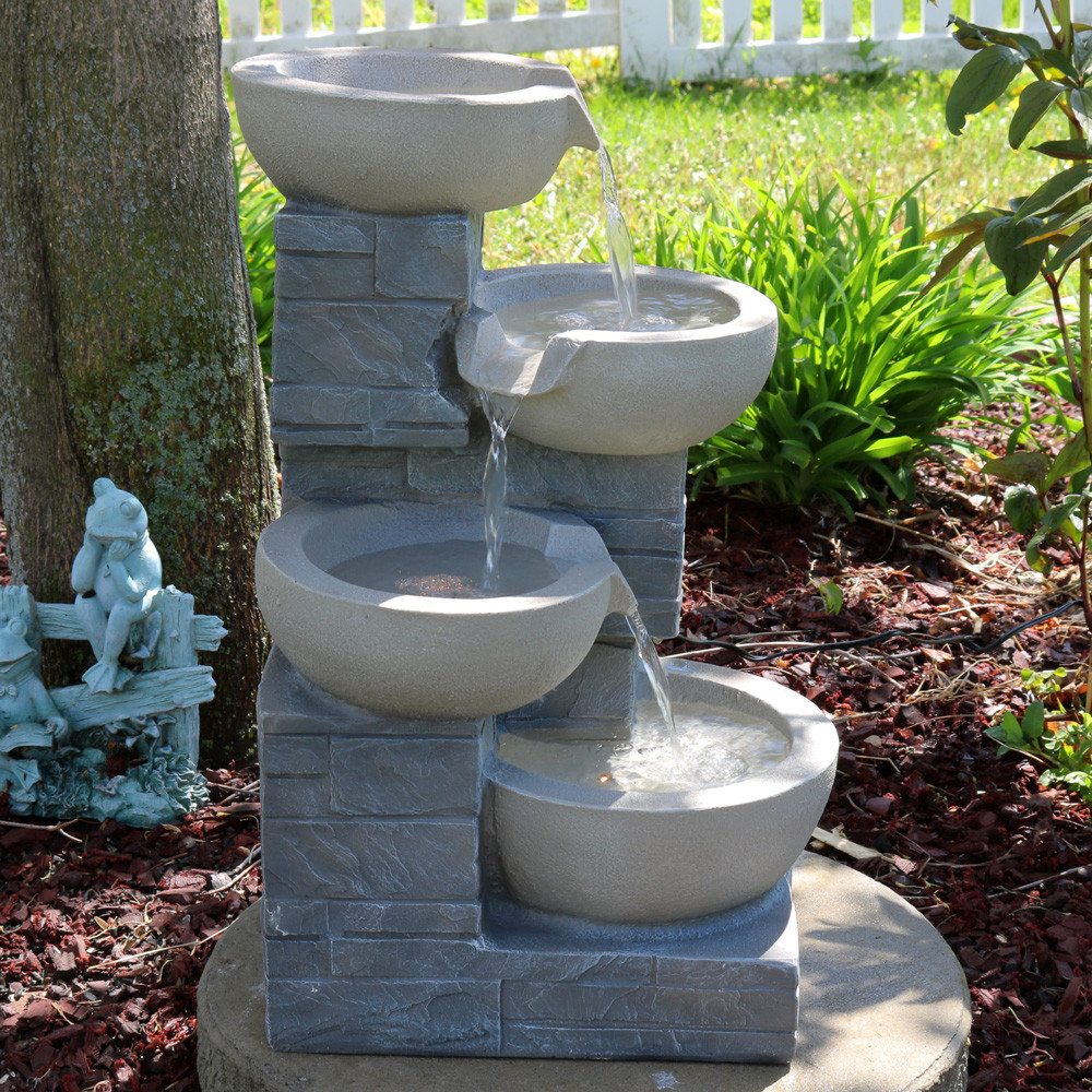 Sunnydaze 4 Tier Descending Stone Bowls Outdoor Water Fountain