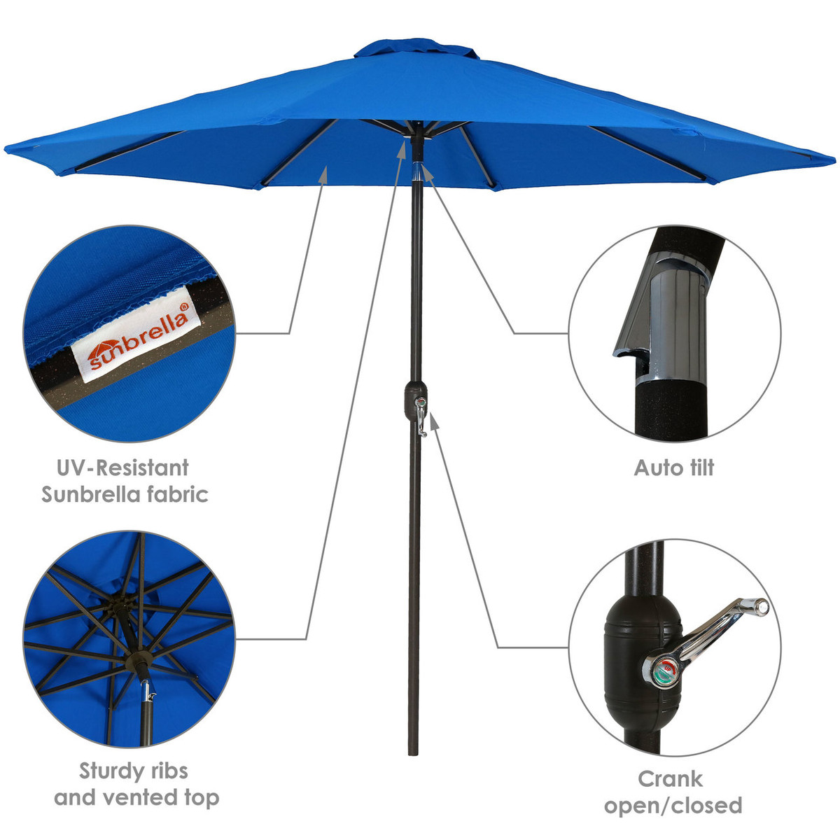 Sunnydaze 9 Foot Aluminum Sunbrella Market Umbrella With Auto Tilt And Crank
