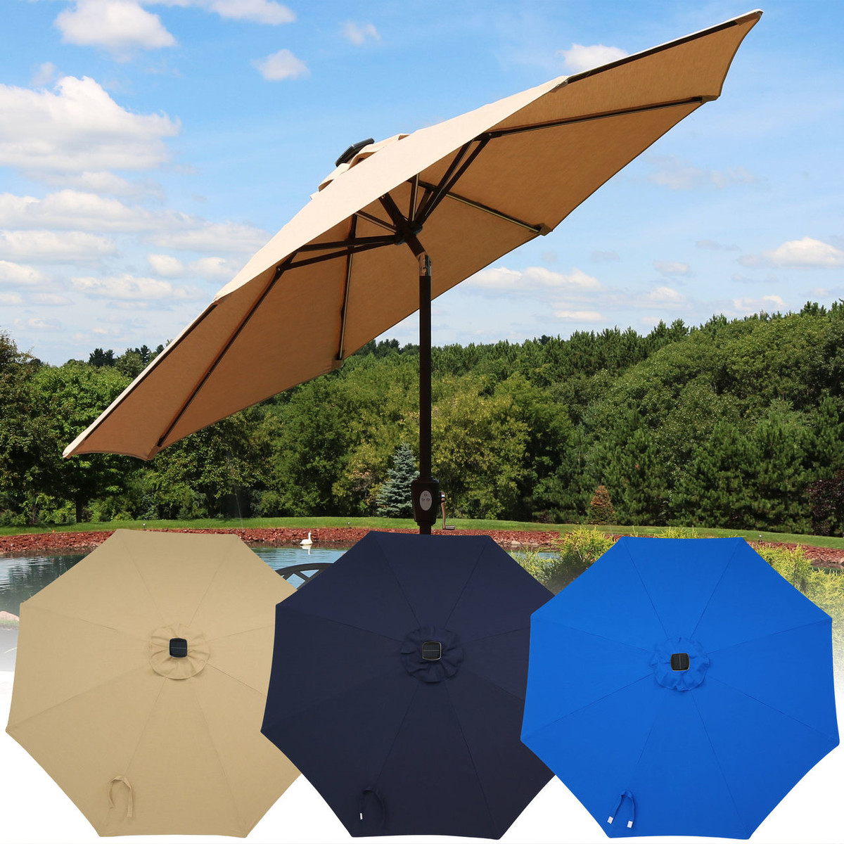 Sunnydaze 9 Foot Solar Powered Sunbrella Market Umbrella With Push Button Tilt And Crank And Led Light Bars