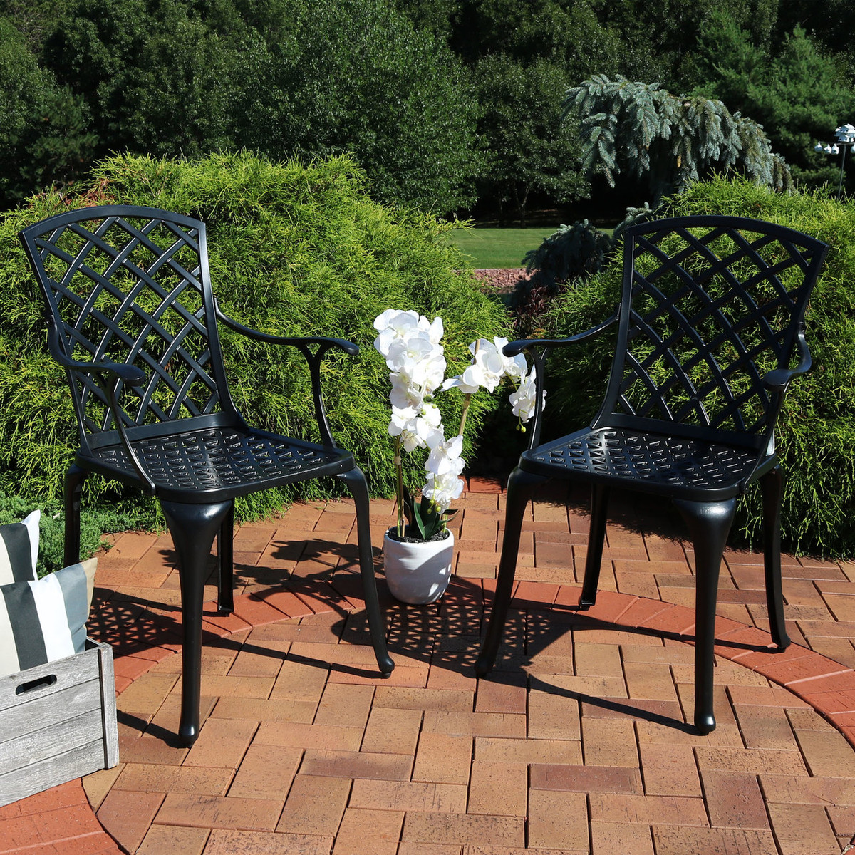 Sunnydaze Patio Chairs Set Of 2 Durable Cast Aluminum Construction With Crossweave Design