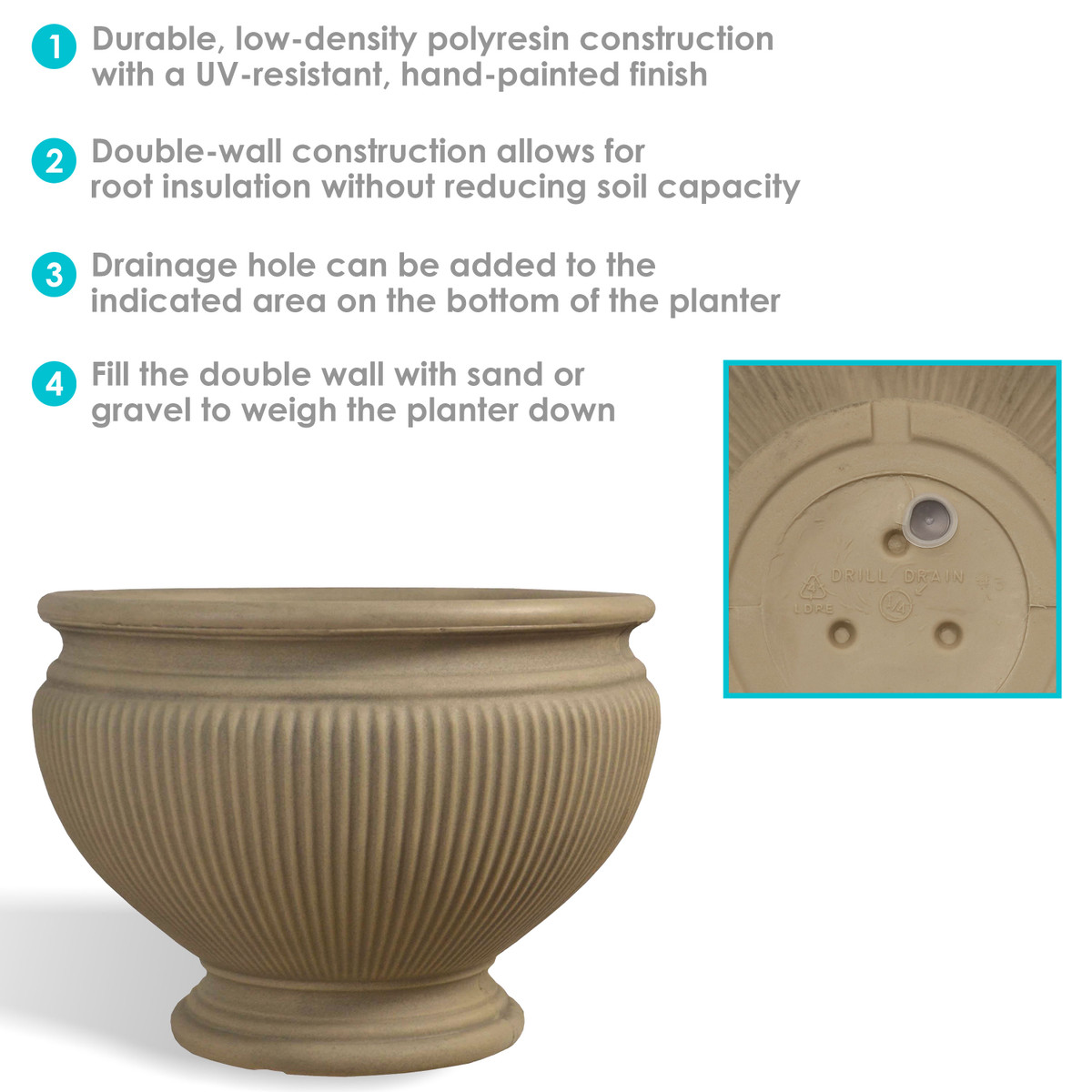 Sunnydaze Elizabeth Ribbed Urn Indoor/Outdoor Planter Pot, 16 ...