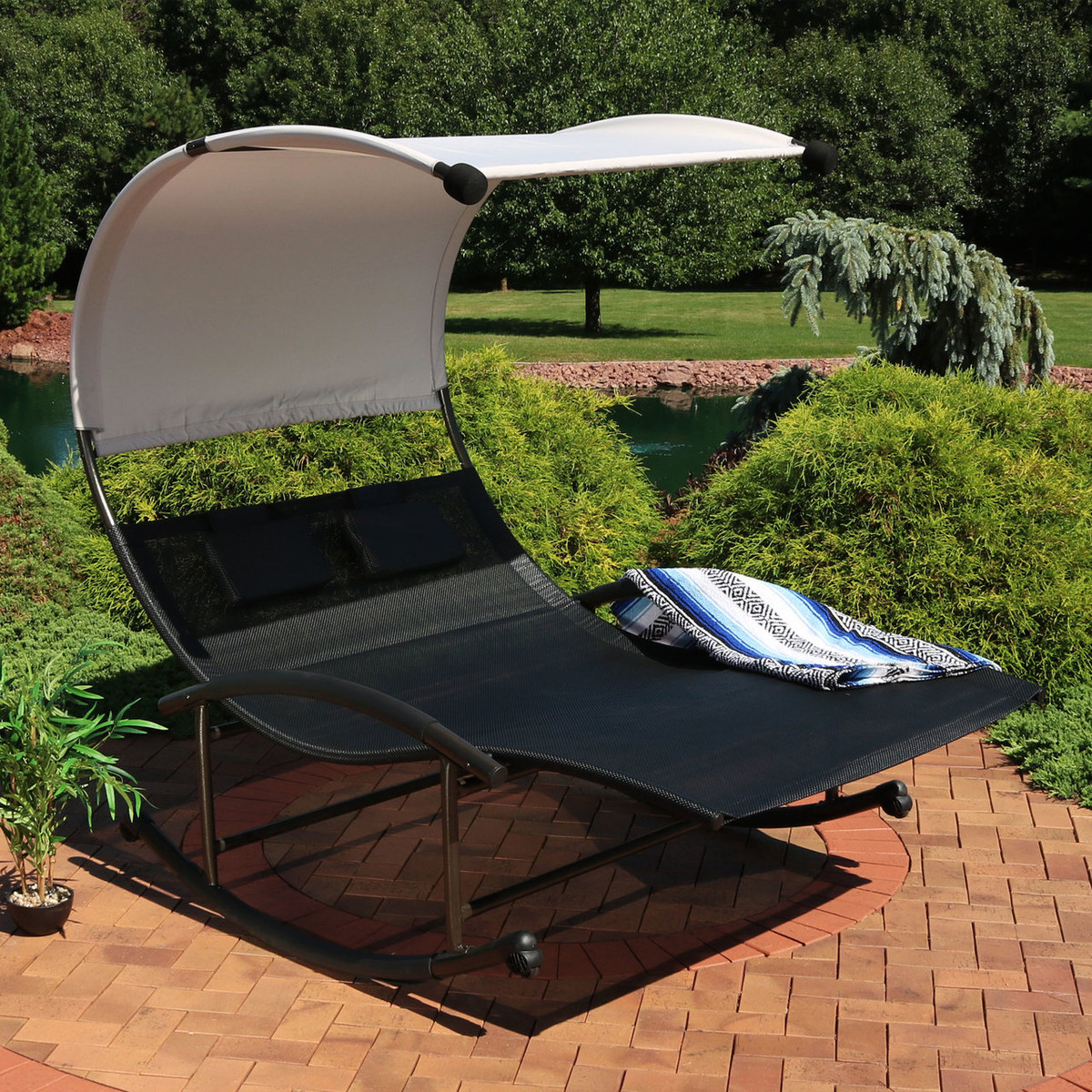 Sunnydaze Double Chaise Rocking Lounge Chair With Canopy And Headrest Pillows Black