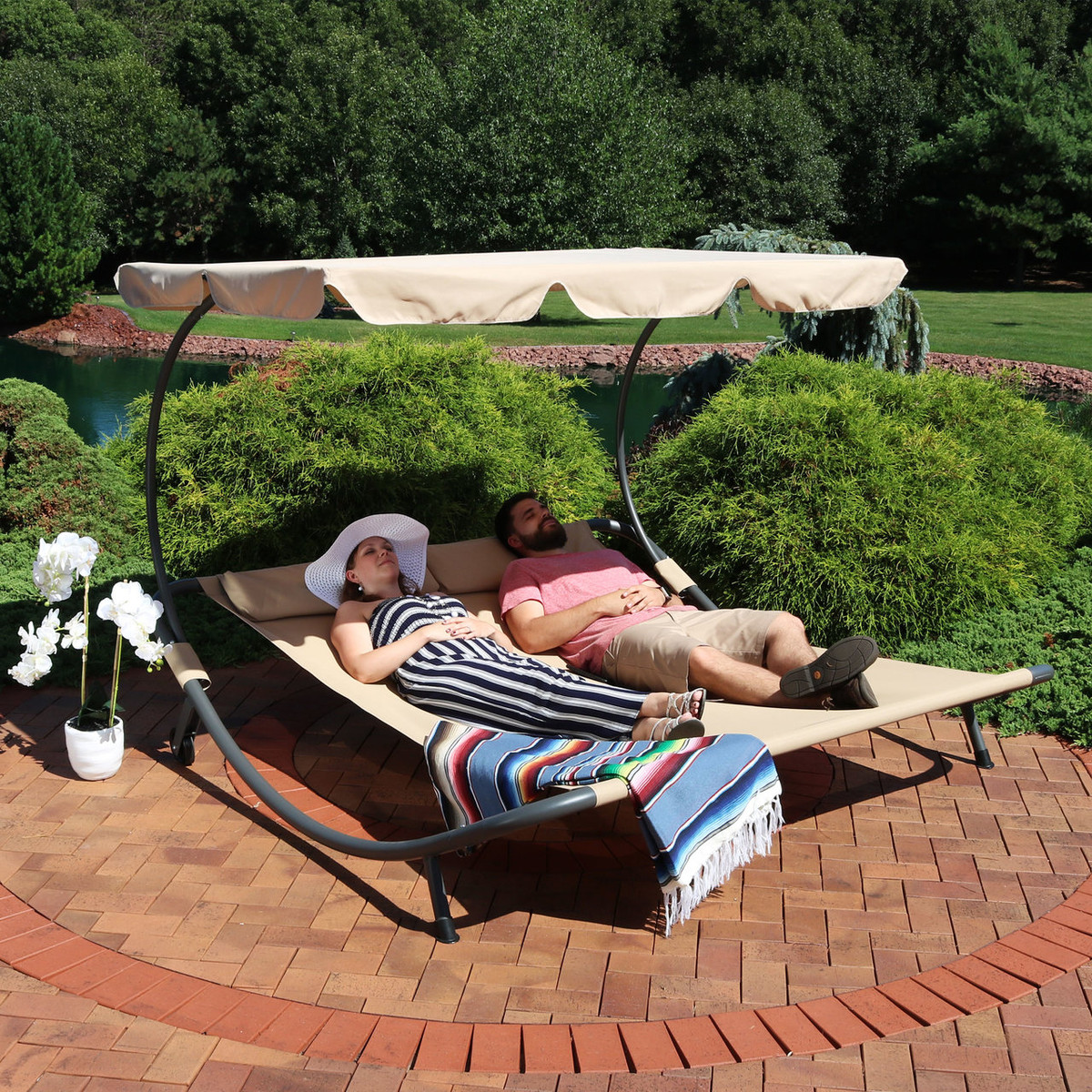 Sunnydaze Double Modern Outdoor Lounging Bed with Canopy and Headrest