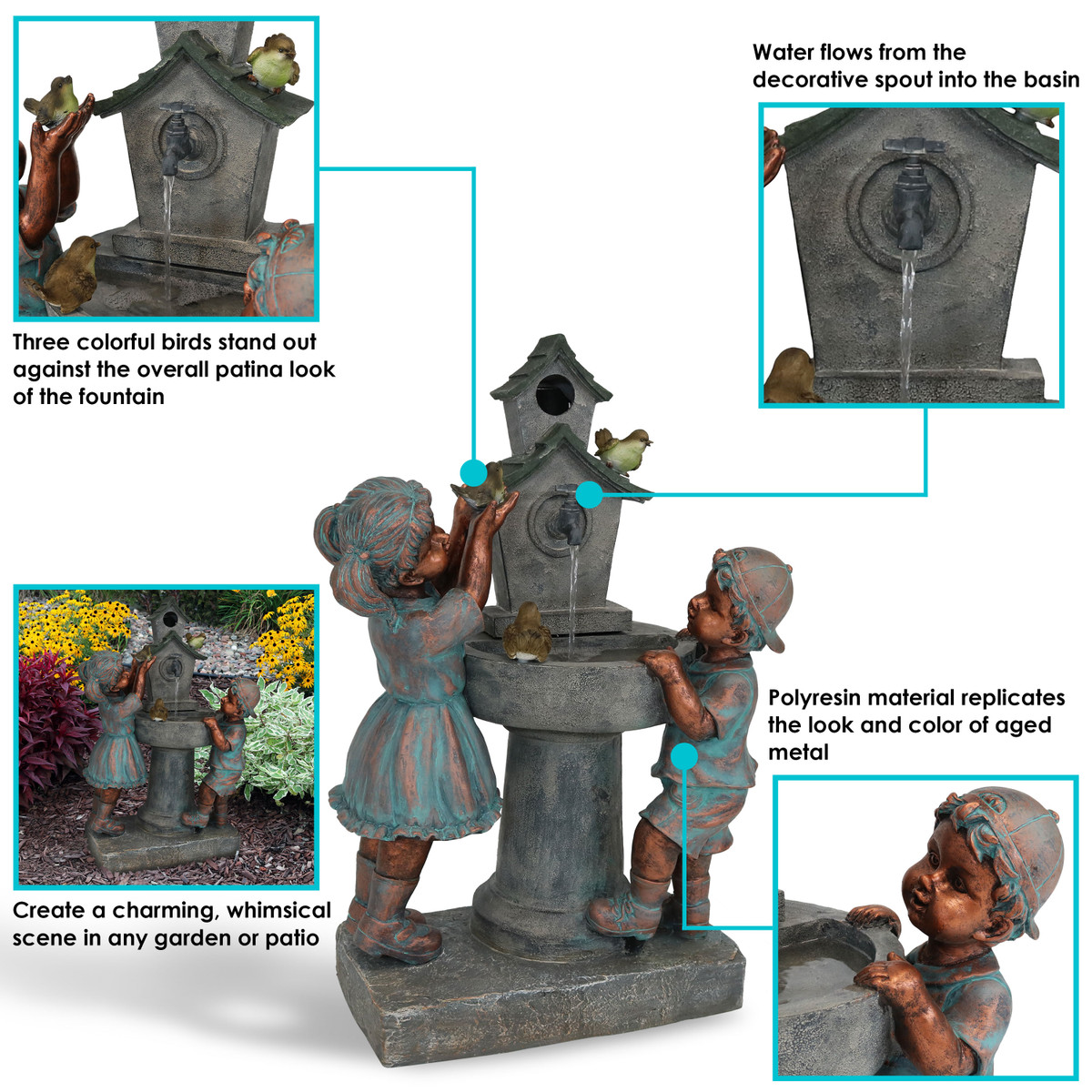 Sunnydaze Boy And Girl With Birds At Birdbath Outdoor Water Fountain 30 Inch