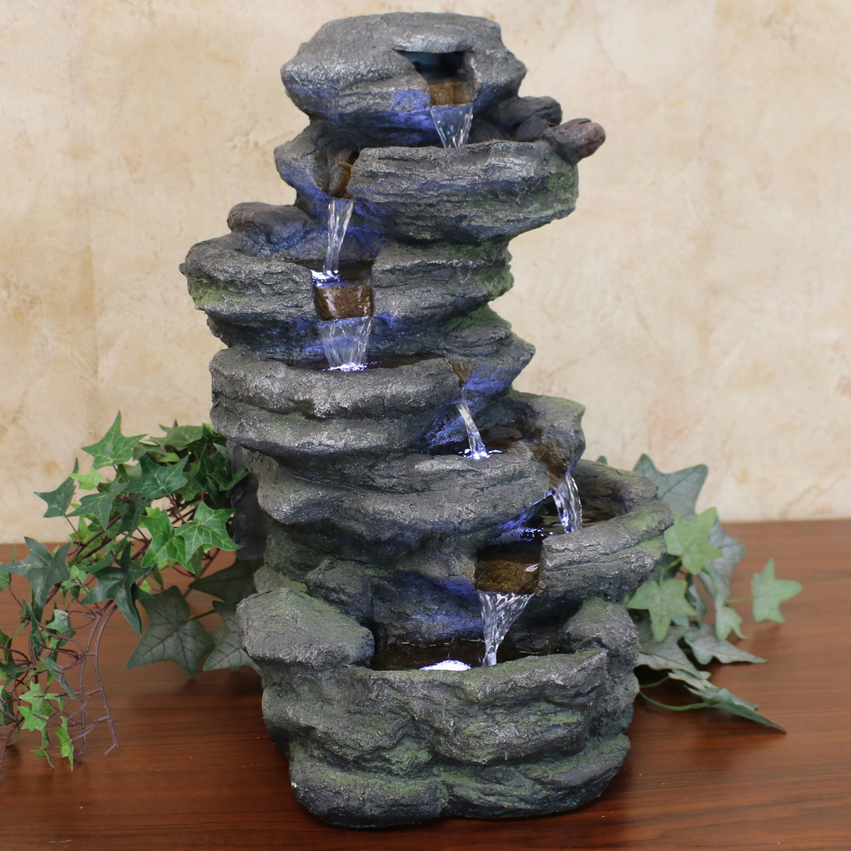 Sunnydaze Stacked Rock Waterfall Outdoor Water Fountain With Led
