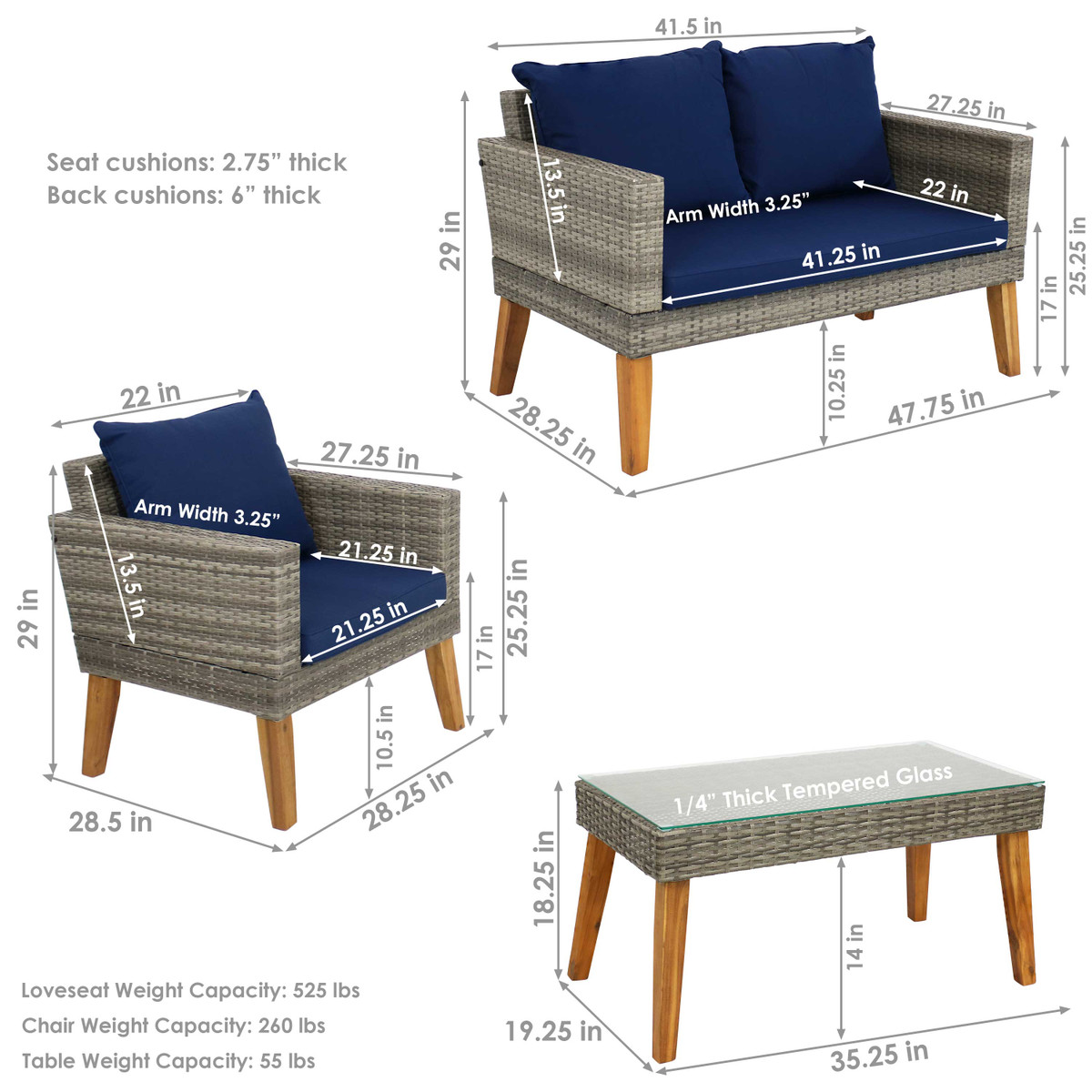 Sunnydaze Clifdon 4 Piece Rattan And Acacia Outdoor Patio Furniture Set With Navy Blue Cushions