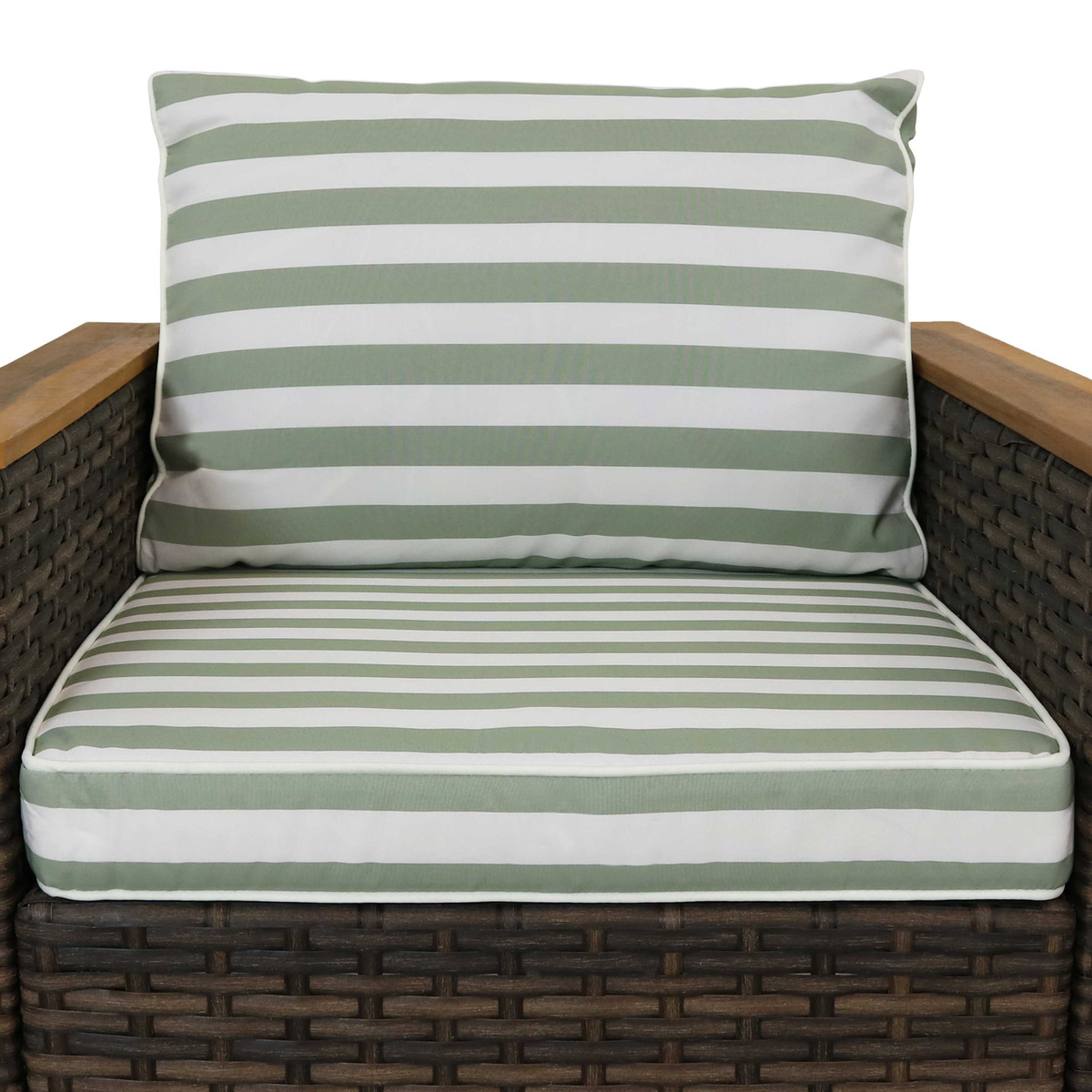 Sunnydaze Kenmare 4 Piece Rattan And Acacia Outdoor Patio Furniture Set With Green And White Striped Cushions