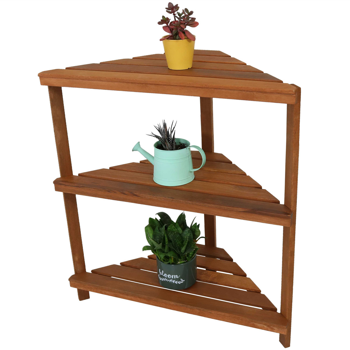 Sunnydaze Meranti Wood 3 Tier Indoor Outdoor Corner Plant Stand With Teak Oil Finish 36 Inch