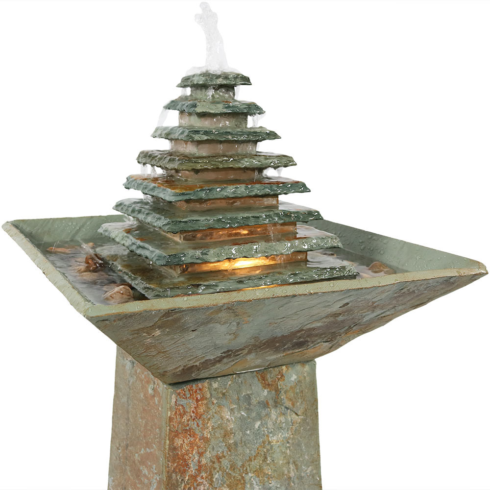 Sunnydaze Layered Slate Pyramid Outdoor Water Fountain with LED Light