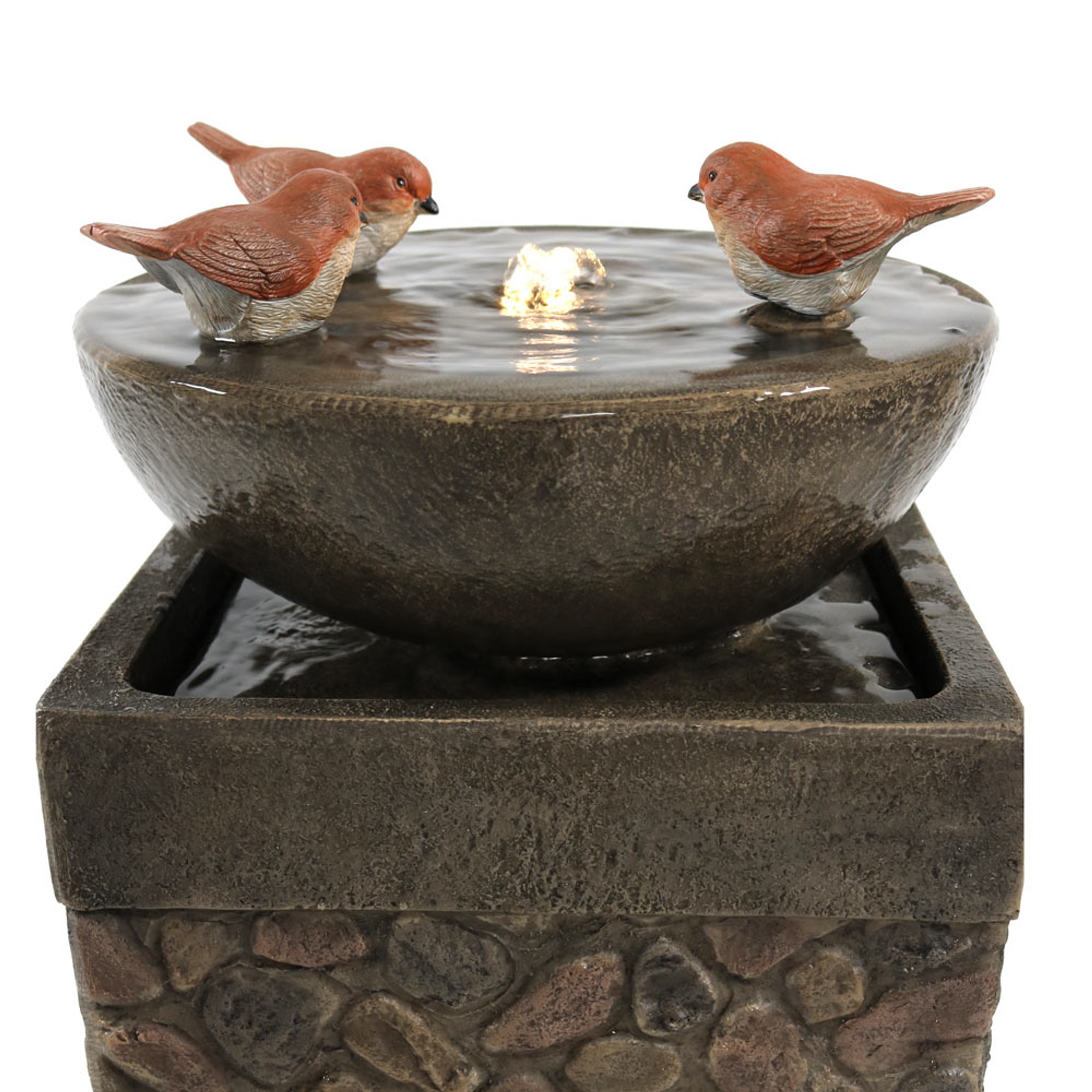Sunnydaze Three Bathing Birds Outdoor Birdbath Water Fountain with LED Light, 25 Inch Tall