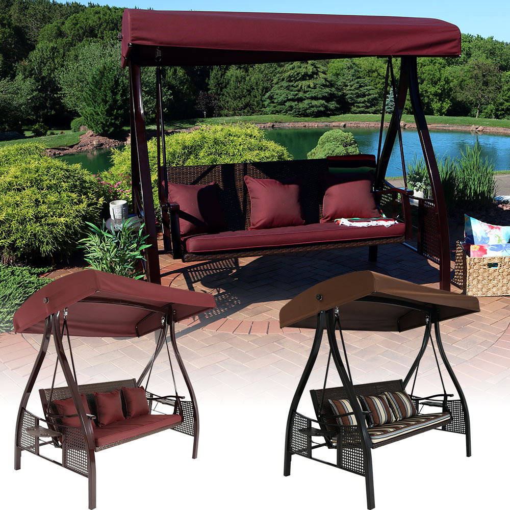 Sunnydaze Deluxe Steel Frame Maroon Cushioned Garden Swing with Canopy and Side Tables, 2Seater