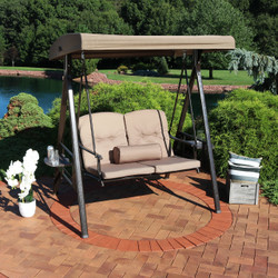Sunnydaze 2-Person Steel Frame Outdoor Adjustable Tilt Canopy Patio Loveseat Swing with Side Tables, Cushions and Pillow, Beige