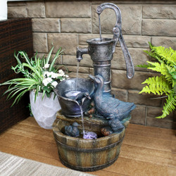 Sunnydaze Splashing Ducks Rustic Pump and Barrel Outdoor Water Fountain with LED Lights, 30-Inch