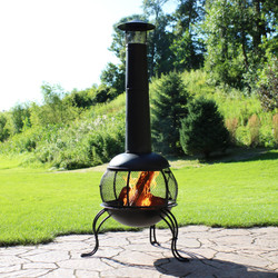 Black Steel Wood-Burning Outdoor Chiminea Fire Pit with Rain Cap