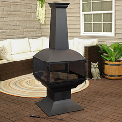 Black Steel Wood Burning 360-Degree View Outdoor Chiminea Fire Pit with Poker