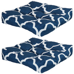Set of 2 Tufted Outdoor Seat Cushions, Navy Blue and White Quatrefoil