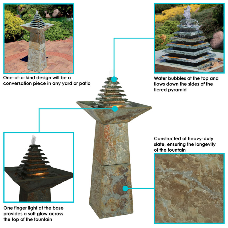 Sunnydaze Layered Slate Pyramid Outdoor Water Fountain with LED Light