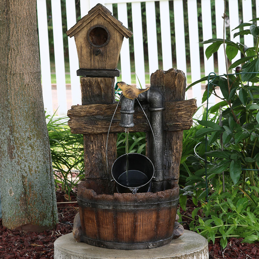Sunnydaze Bird House Leaking Pipe Outdoor Water Fountain with LED Light, 29 Inch Tall