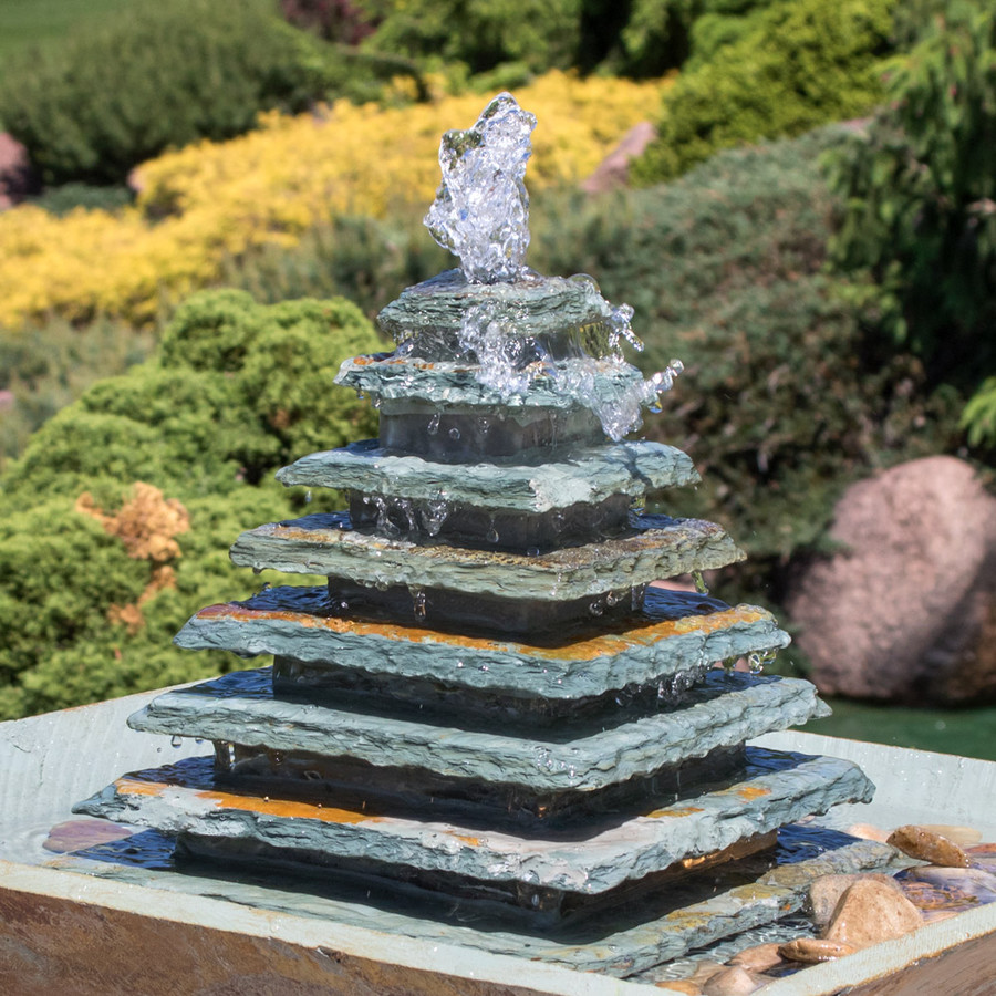 Sunnydaze Layered Slate Pyramid Outdoor Water Fountain with LED Light